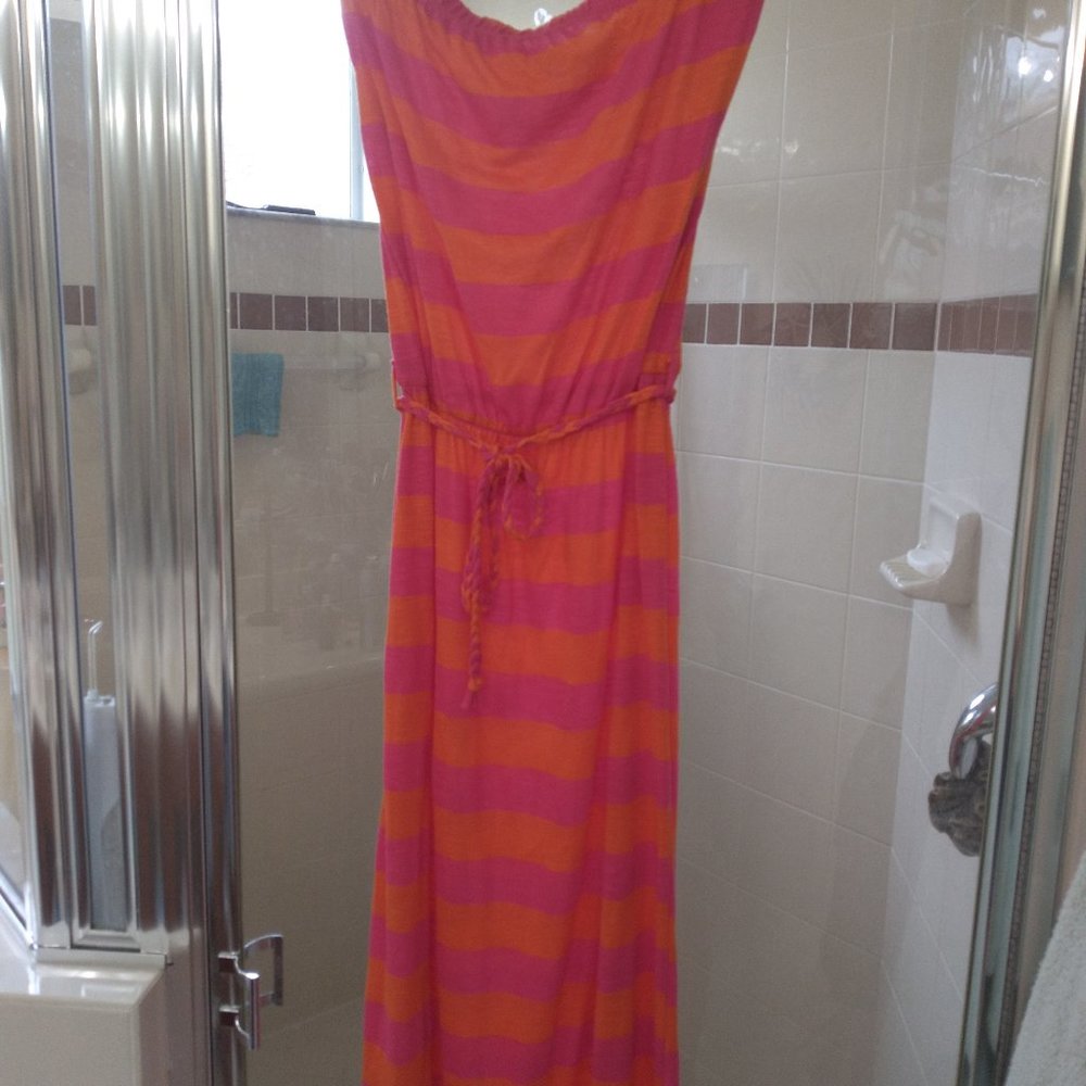 MAXI BRIGHT PINK AND ORANGE DRESS WITH BRAIDED TIE BELT